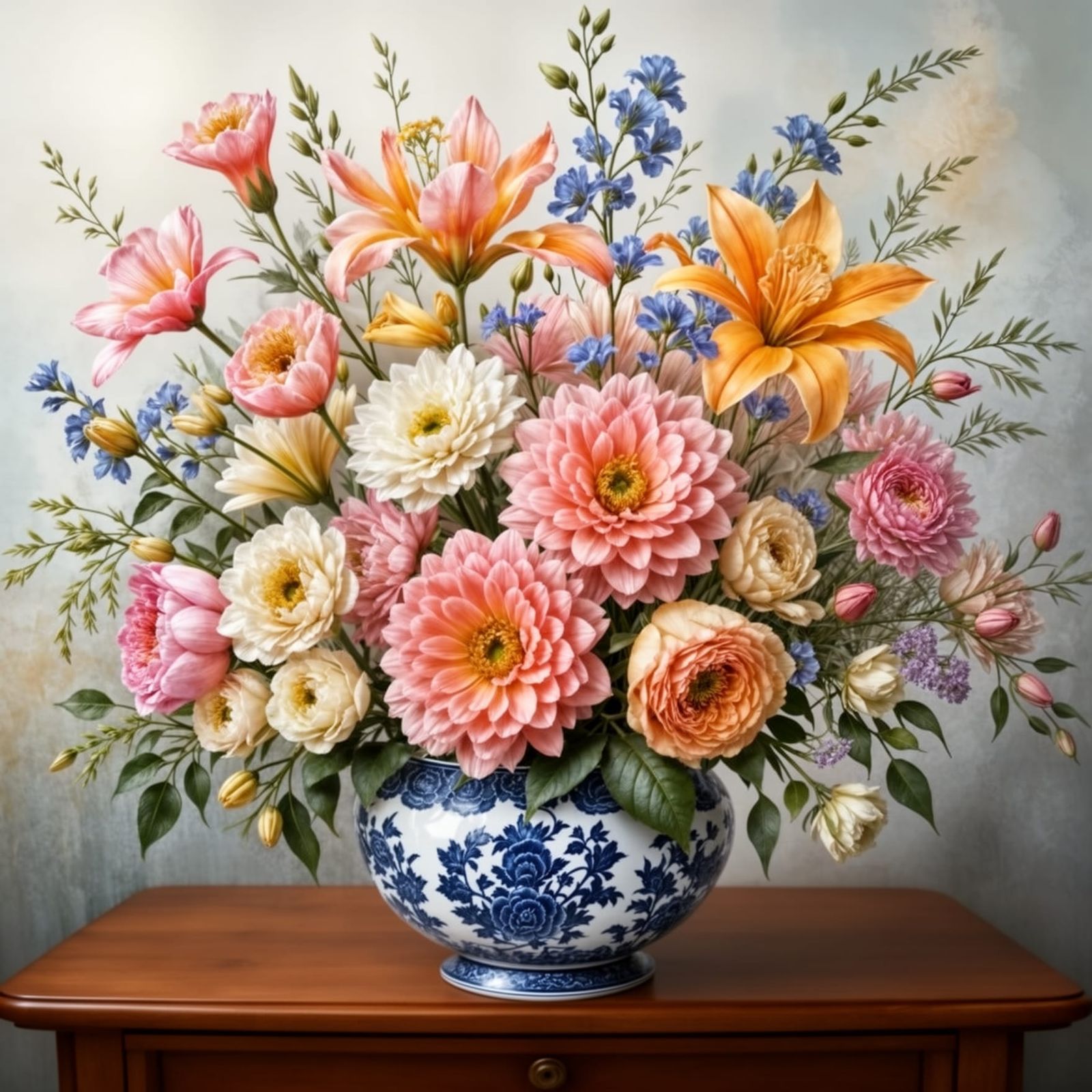 New Year's Flower Arrangement in Blue Willow Bowl