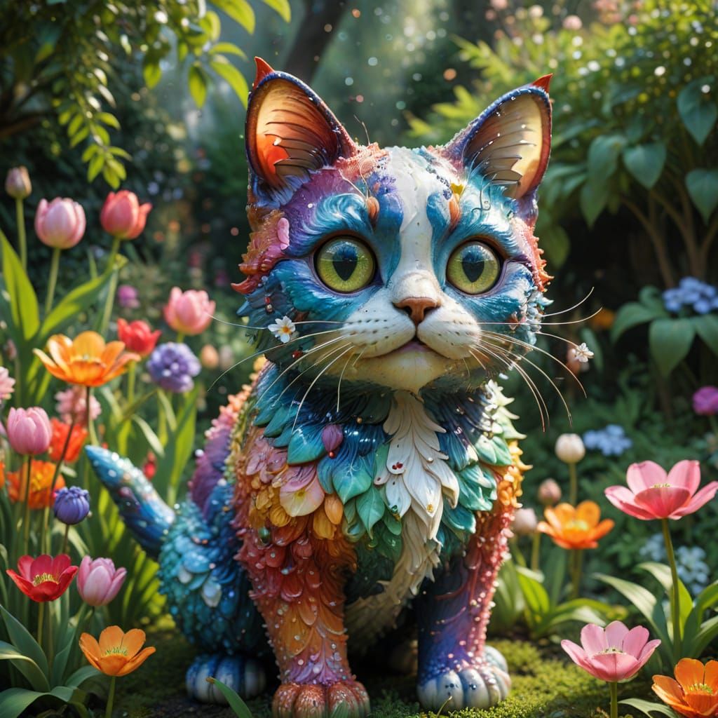 Whimsical Tulip-Cat Hybrid in a Vibrant Garden Scene