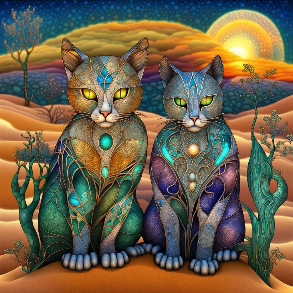Feline Shamans in Desert Dawn: Tiffany Stained Glass