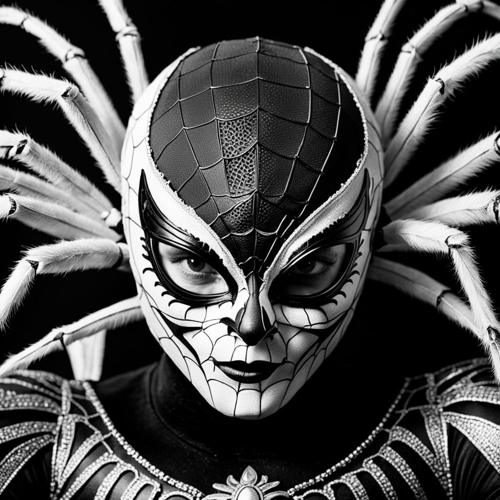 Spider in Mardi Gras Mask with Black and White Elegance