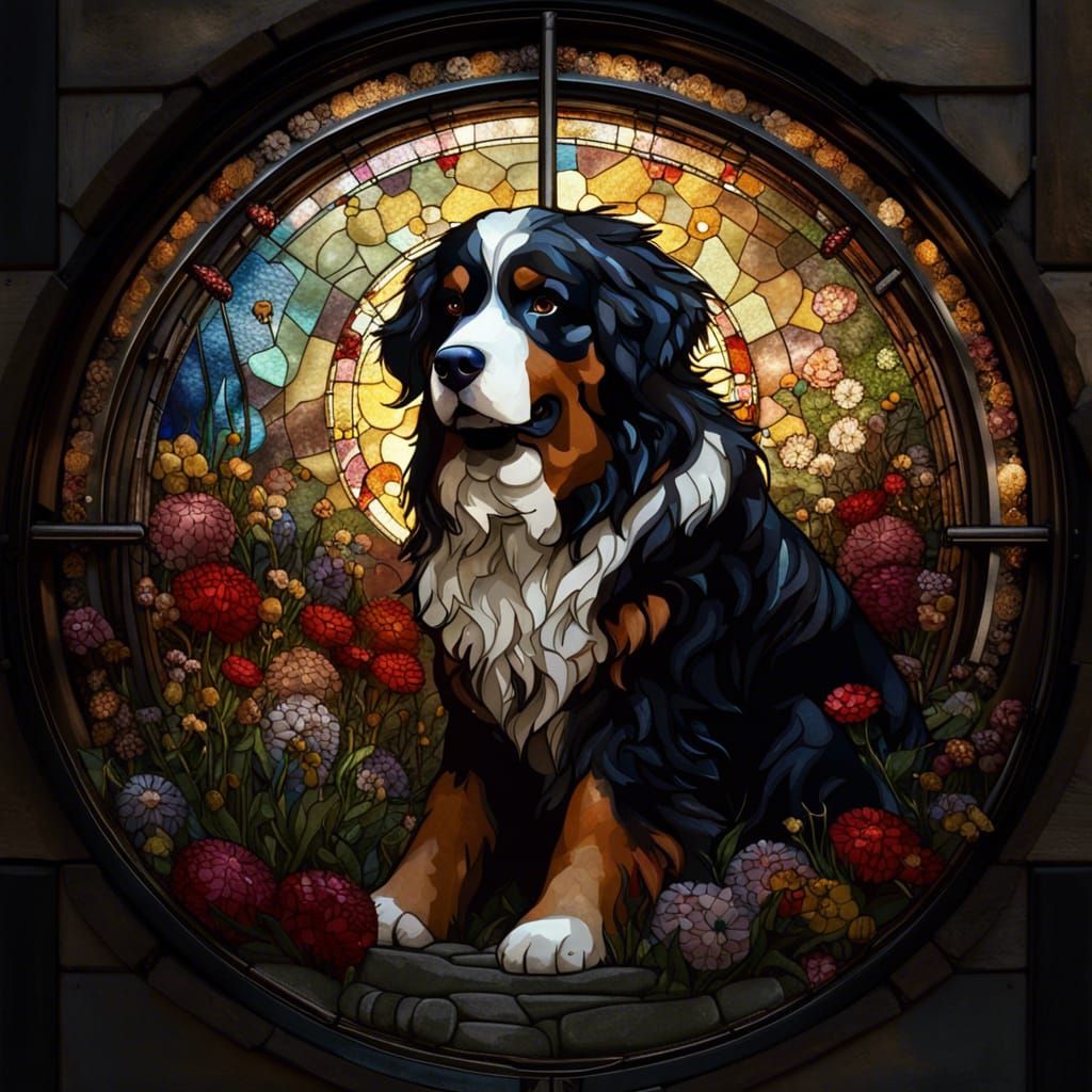 Bernese Mountain Dog in Stained Glass Art