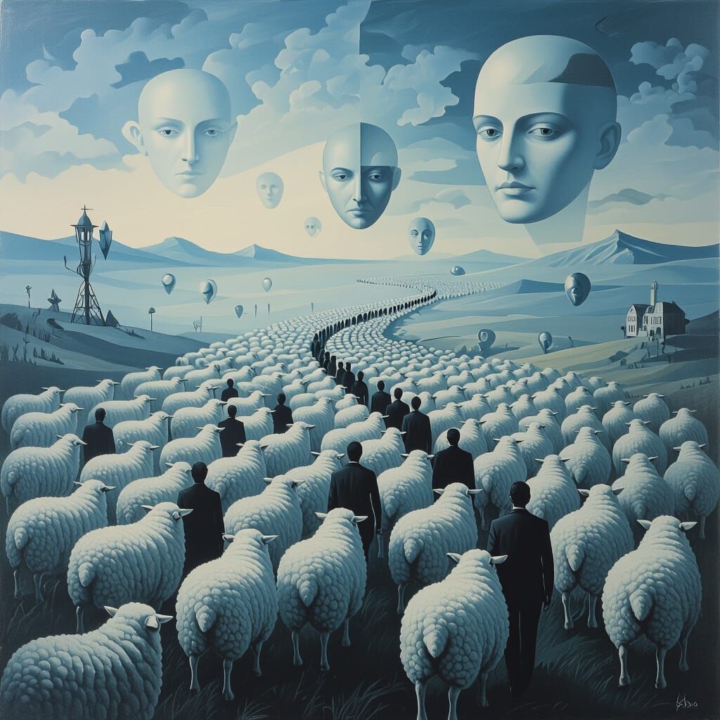 Surreal Flock Following False News in Dreamscape