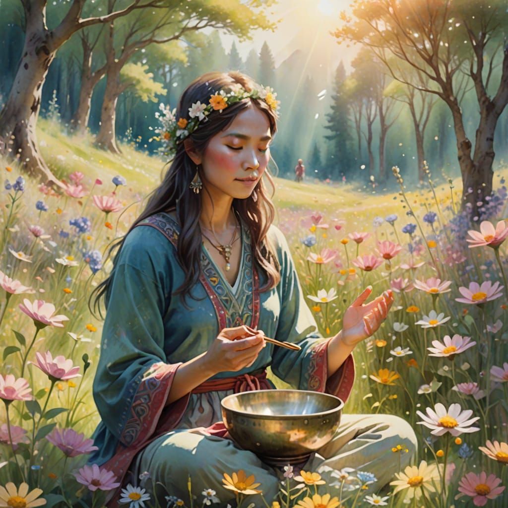 Ethereal Watercolor: Shaman and Women in Flower Meadow