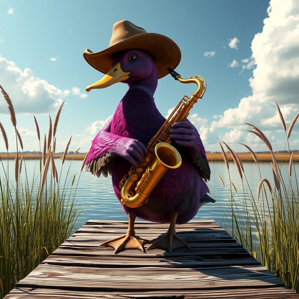 Fuchsia Duck Plays Saxophone in Hyperrealistic Style