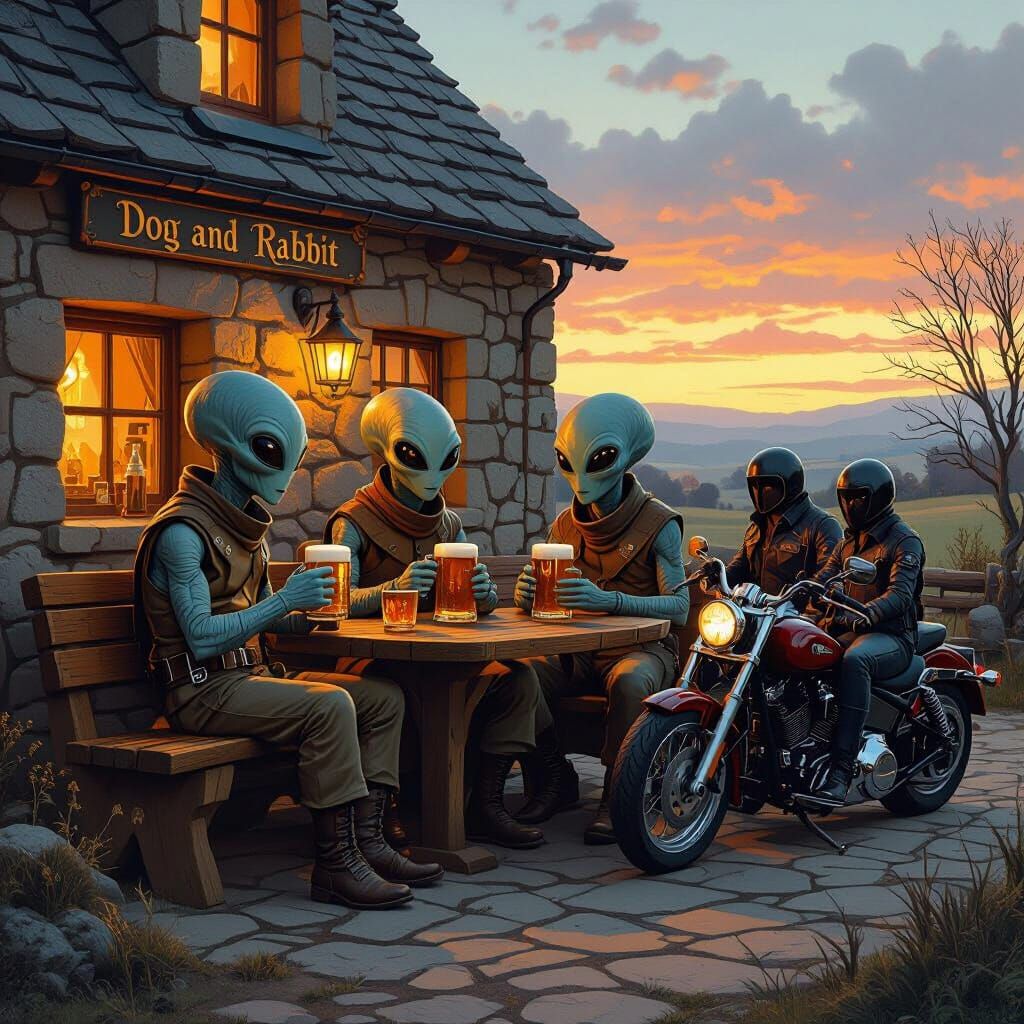 Rustic Pub Scene with Grey Aliens in Stalenhag Style