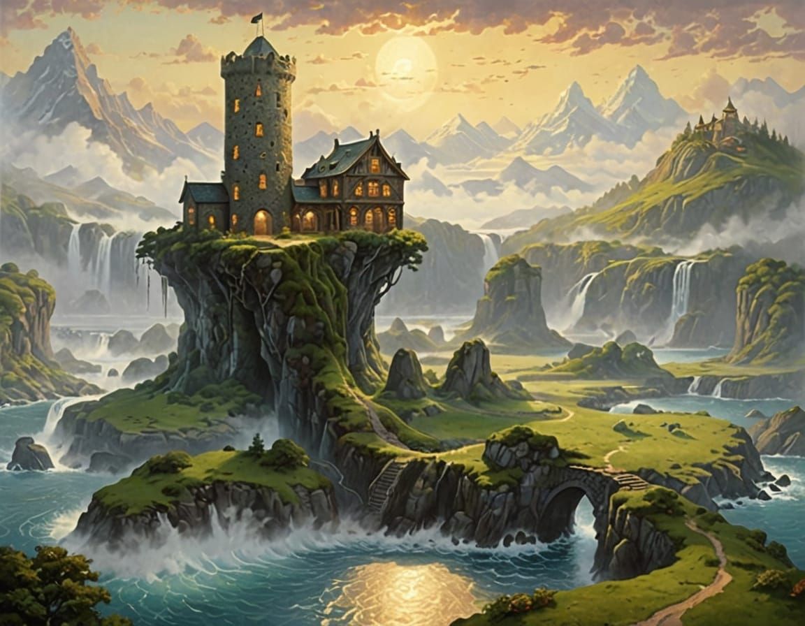 Ethereal Fantasy Castle Perched Above a Misty Lake