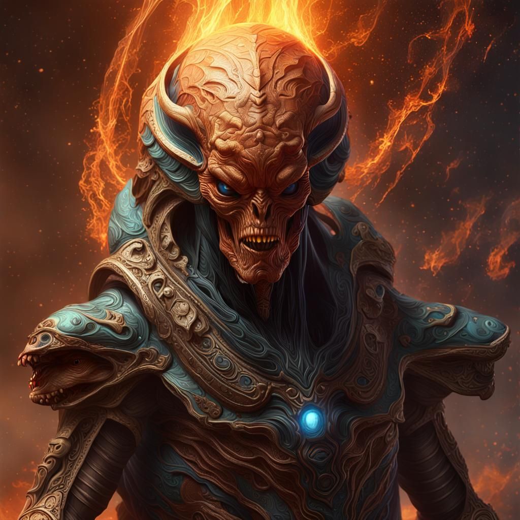 Alien God of Mars Firemagic in Hyperrealistic Style