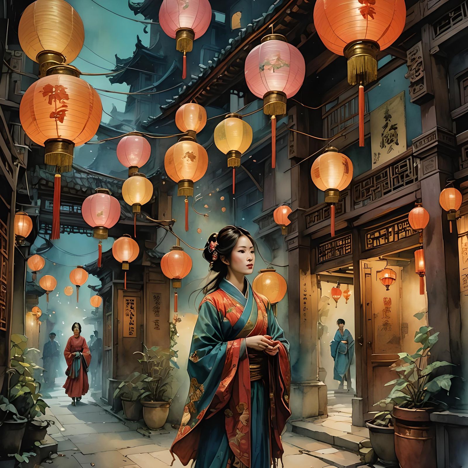 Woman with Chinese Lanterns in Watercolor Style