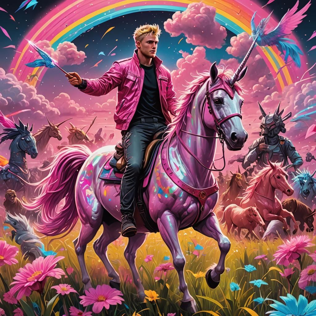 Cyberpunk Unicorn Rider in a Rainbow Field