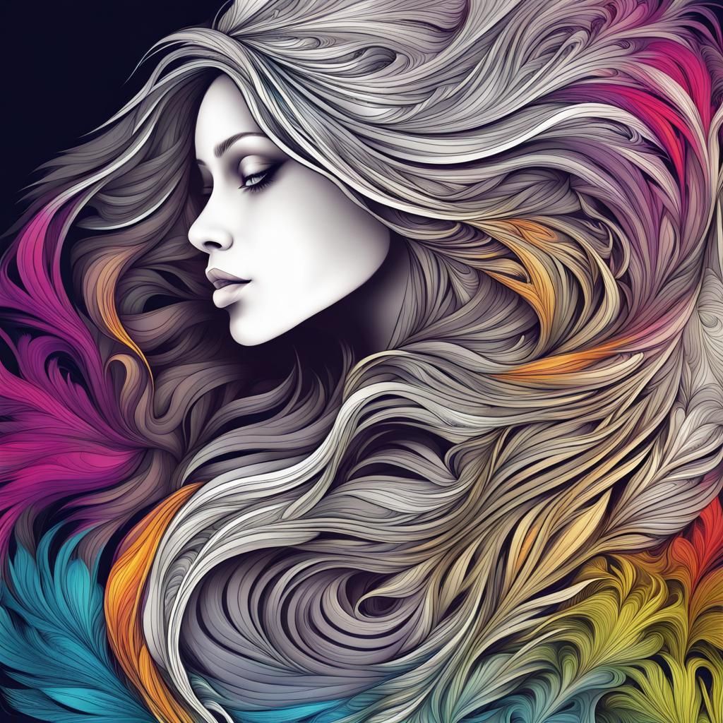 Sensual Woman with Feathers and Abstract Elements