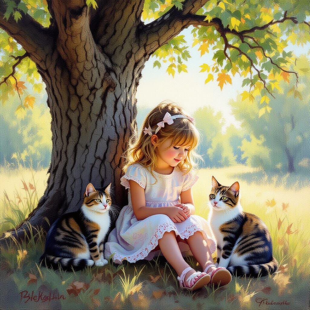 Intimate Oil Painting of Girl with Cat Under Tree