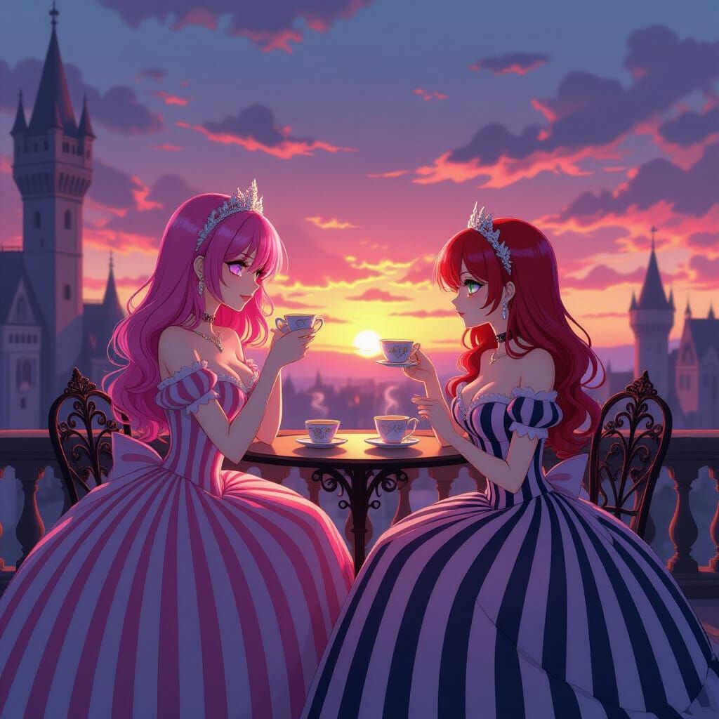 Gothic Castle Sunset Scene in Alcohol Ink Style