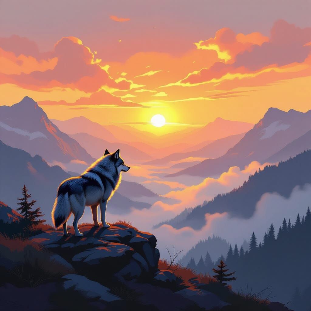 Majestic Wolf in Painterly Valley Sunrise