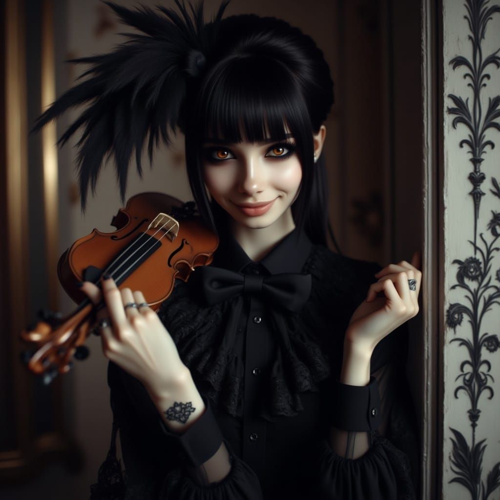 Elegant Lady with Violin, in Victorian-Inspired Gown, with M...