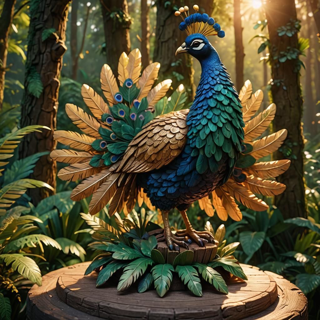 Enchanted Forest: Hand-Carved Peacock Figurine in 3D