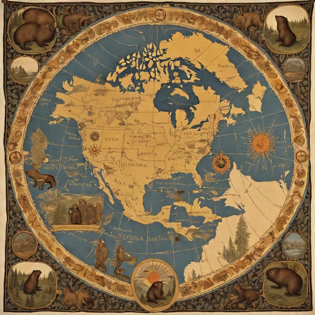 North America Map with Fur Trappers Tapestry