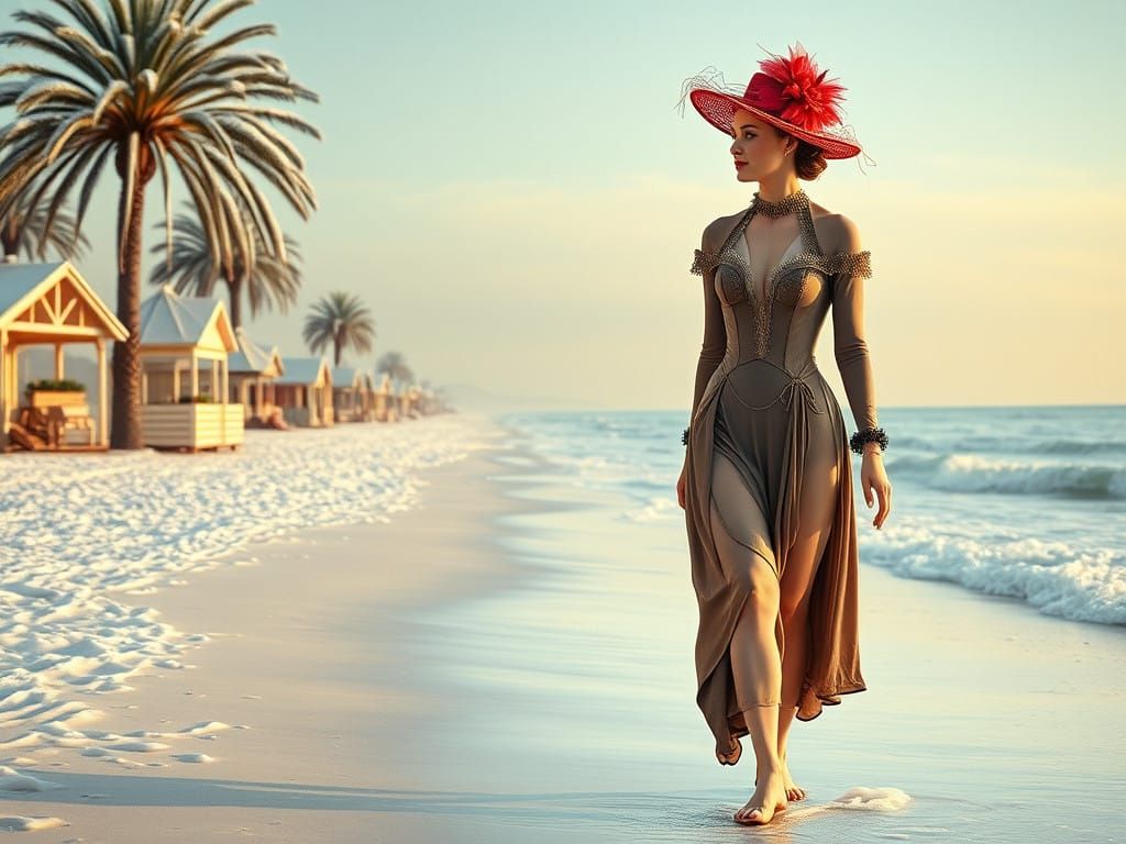 Victorian Lady Strolls Along Snowy Christmas Beach