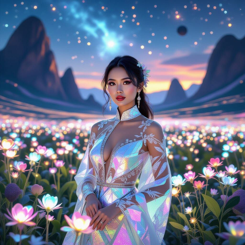 Bioluminescent Alien Flora Reflecting on Indonesian Woman