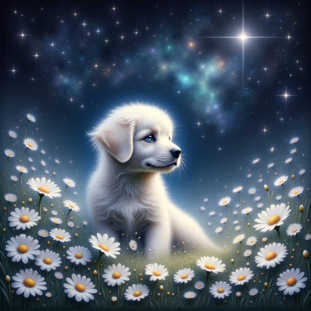 Fluffy White Puppy in Daisy Field Under Starry Sky