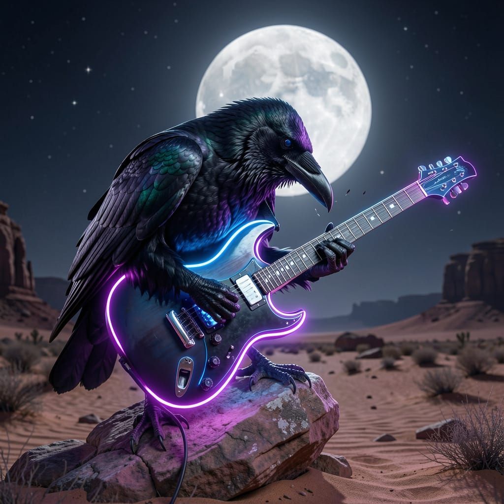 Raven Shredding Guitar Under Full Moon