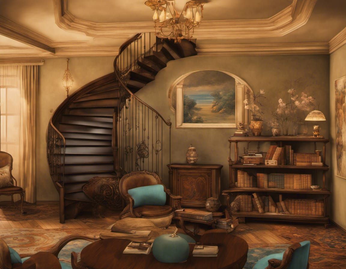 Spiral Staircase in Living Room, Detailed Painting
