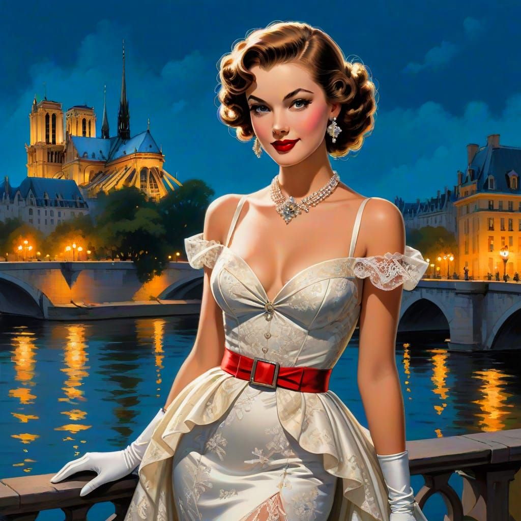 Vintage Pin-Up Goddess on Seine Riverbanks
