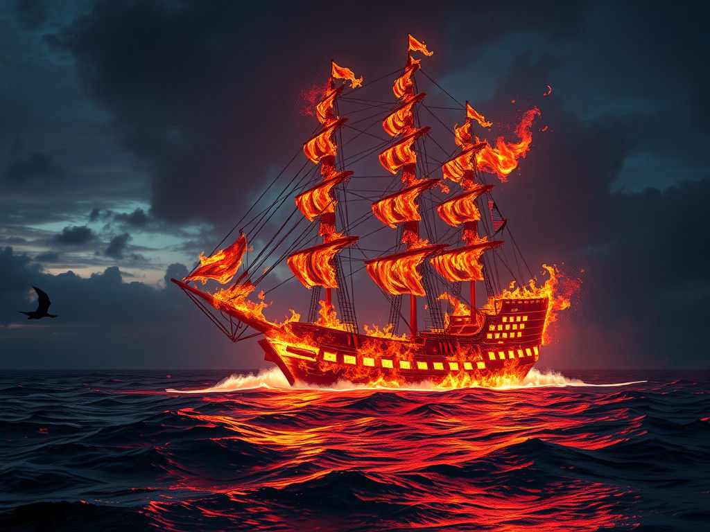 Flaming Ghost Ship on High Seas: Dark Fantasy Art