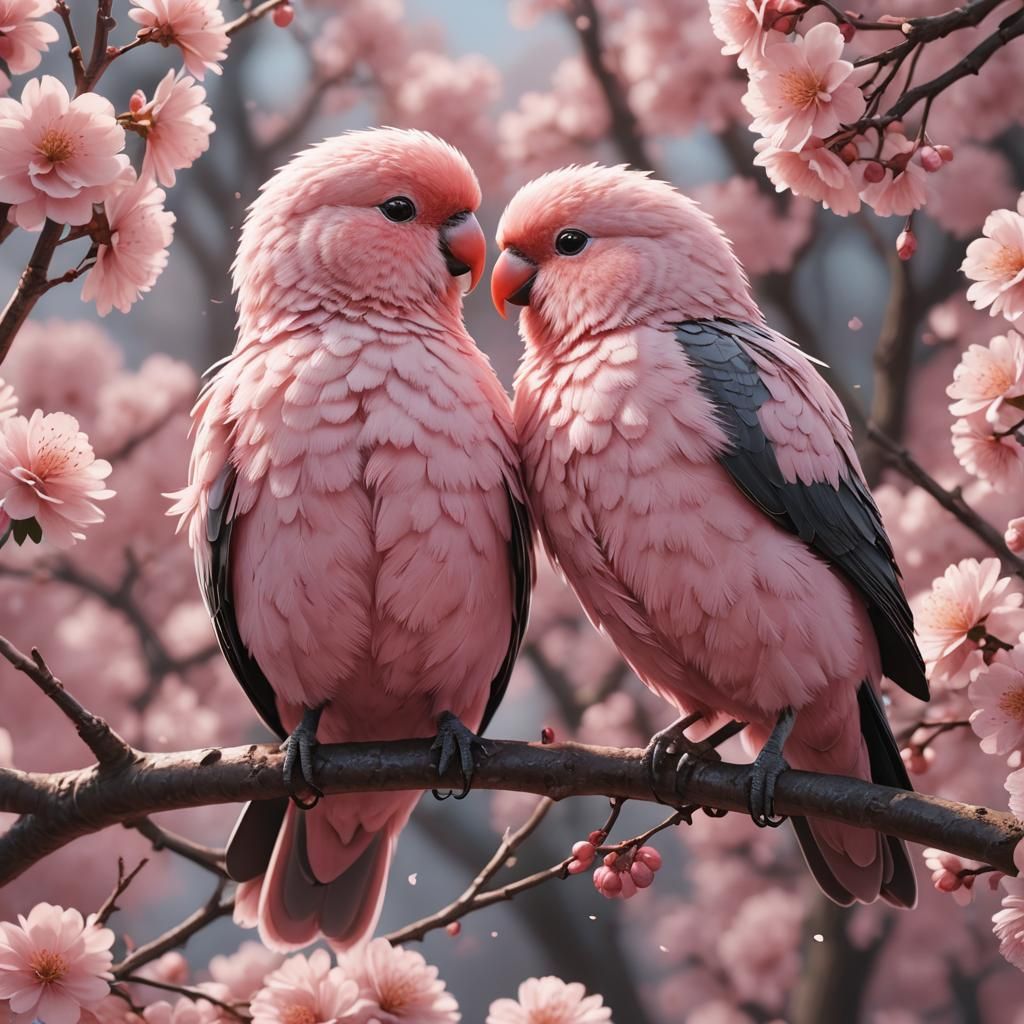 Fluffy Pink Lovebirds in 3D Anime Art