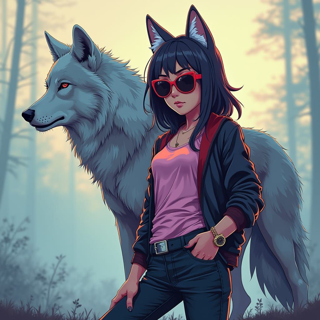 Anime Girl Posing with Wolf in Vibrant, Dynamic Style