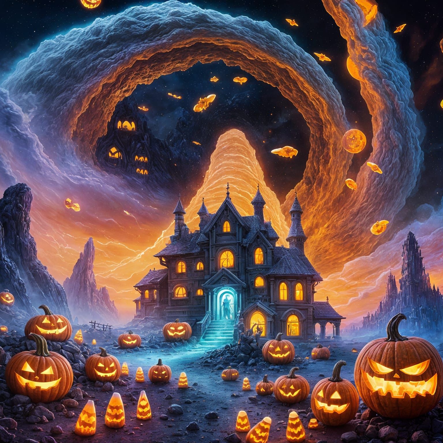 Halloween Sci-Fi Scene with Ghosts and Pumpkins