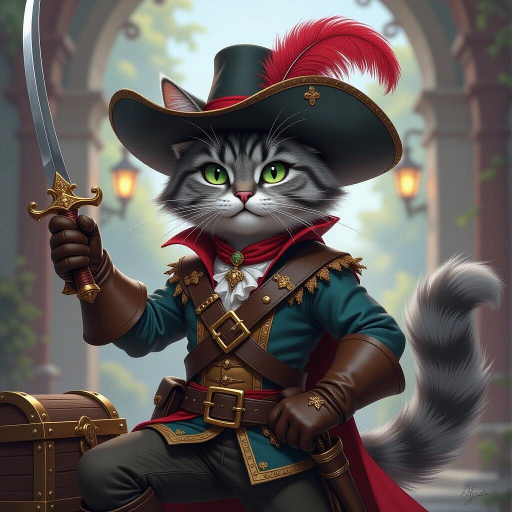 Valiant Cat Musketeer on Treasure Chest, Fantasy Art