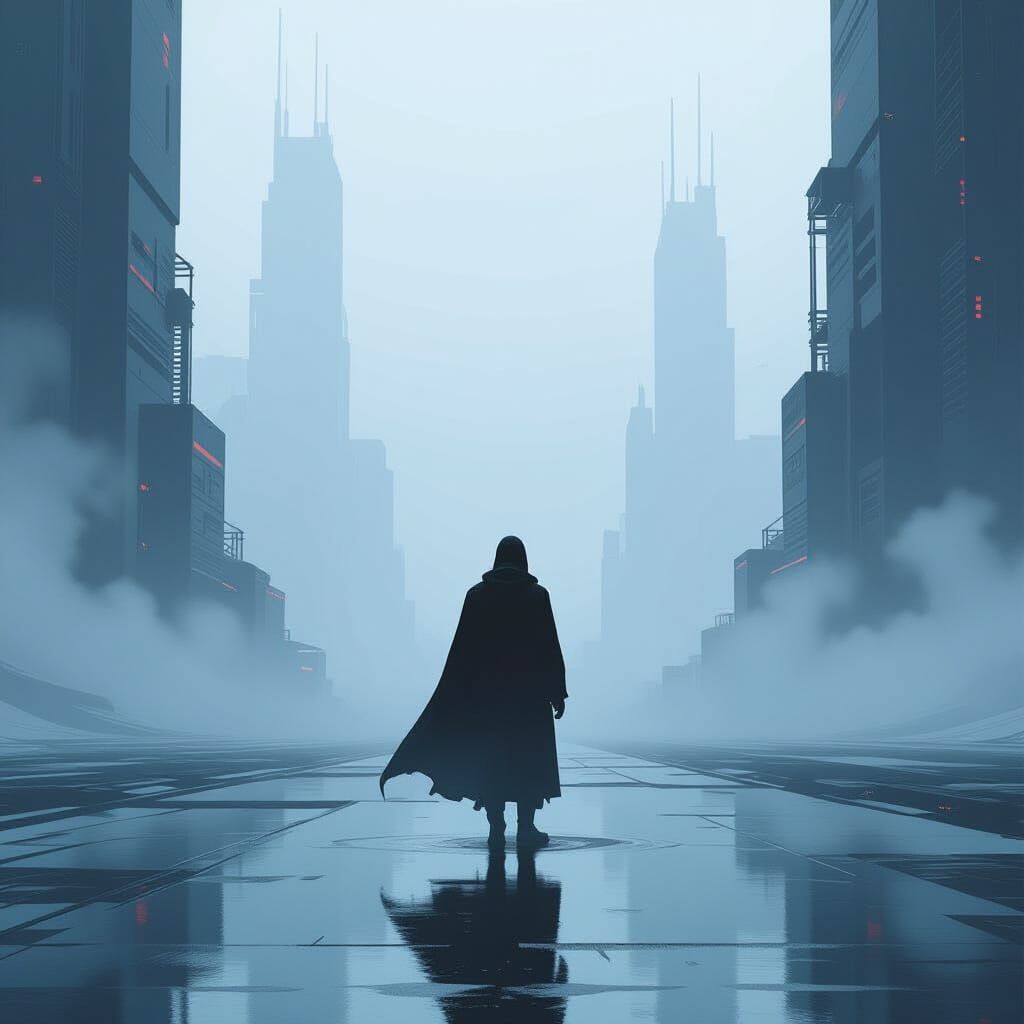 Misty Figure in Futuristic Industrial Landscape