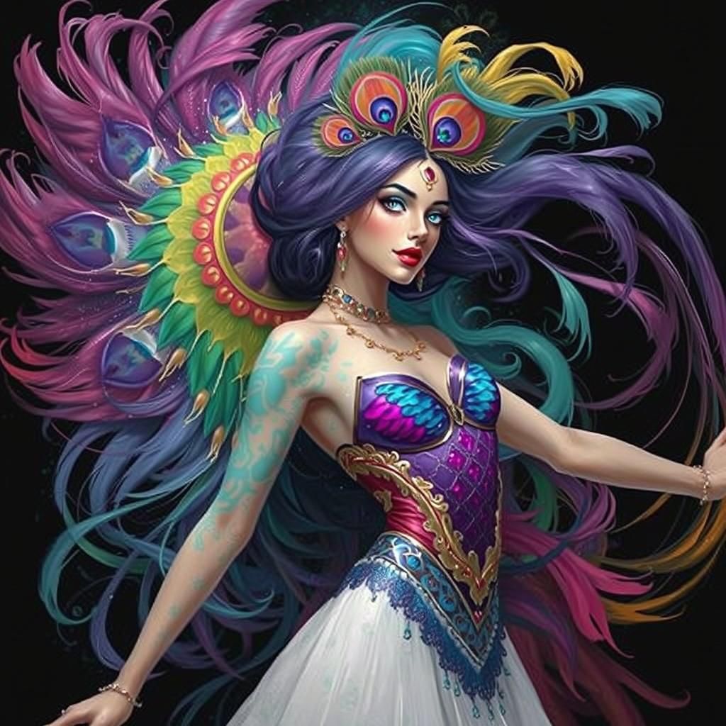 Rainbow Woman with Peacock Feathers Hair in Comic Art