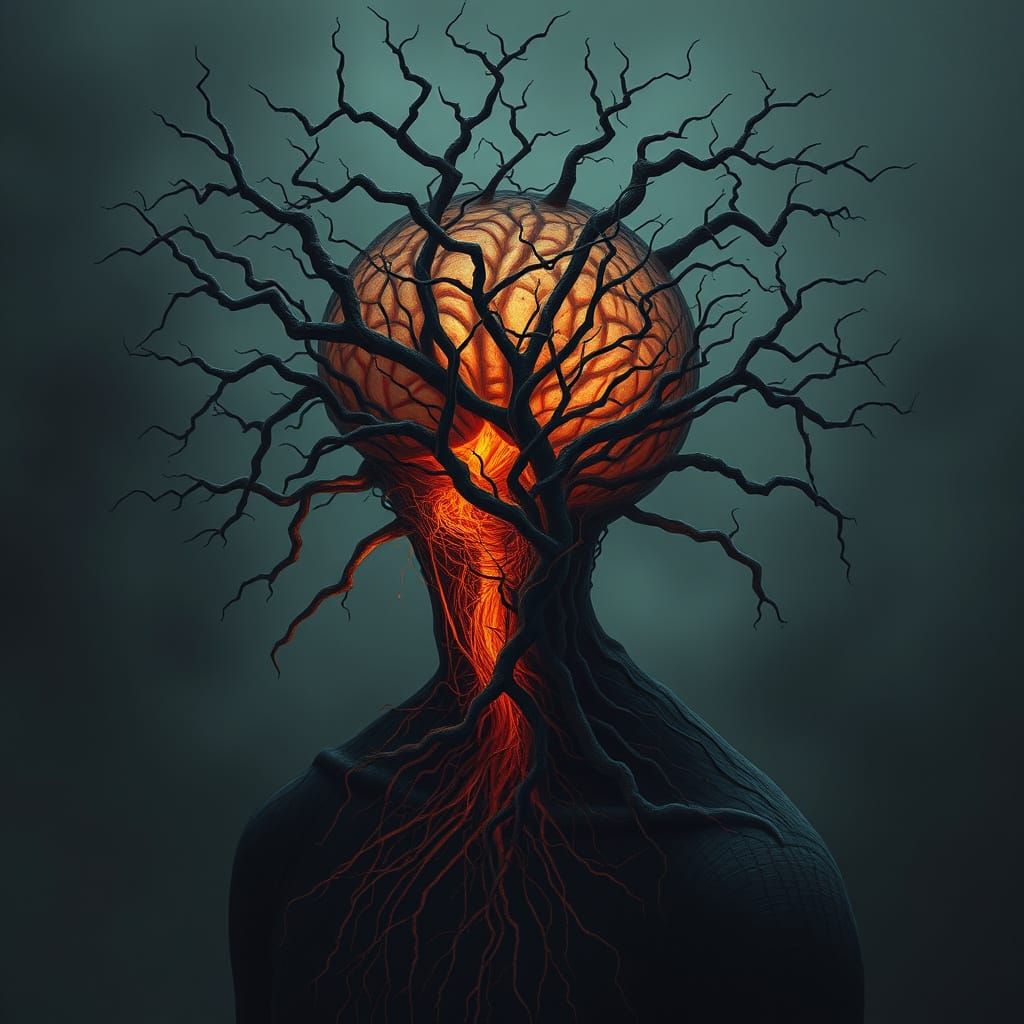 Dark Surreal Landscape of Twisted Vines and Scream