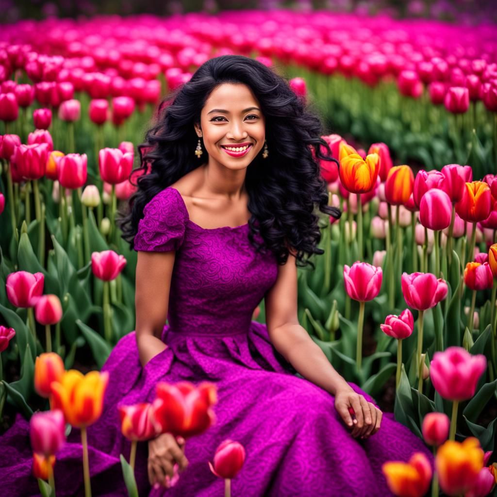 Lady in Tulip Garden, Hyperrealistic Style