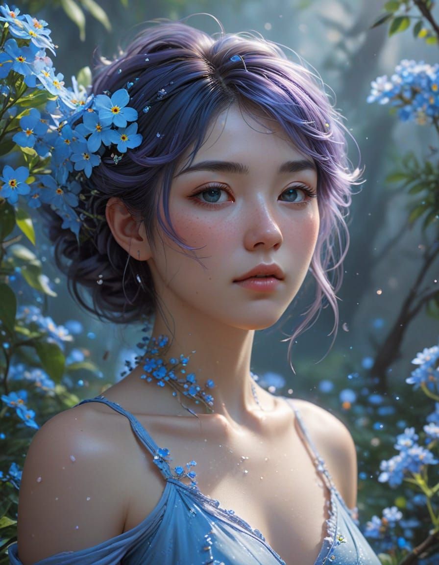Serene Woman in a Dreamy Blue Flower Oasis