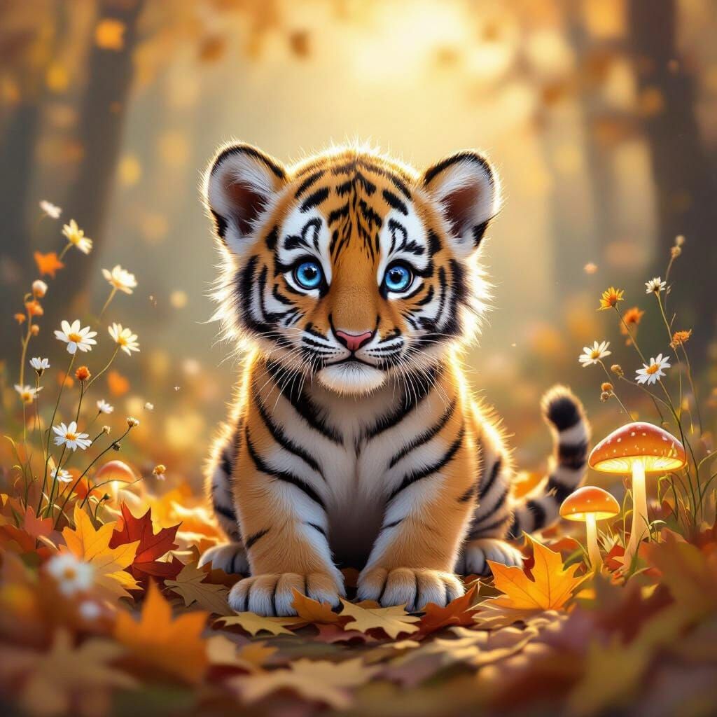 Whimsical Woodland Baby Tiger with Autumn Leaves