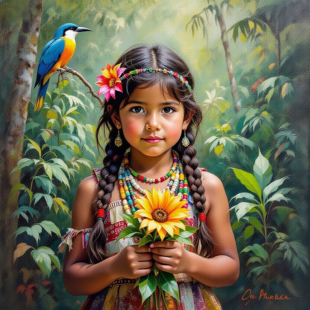 Indigenous Child in Tropical Forest: Watercolor Style