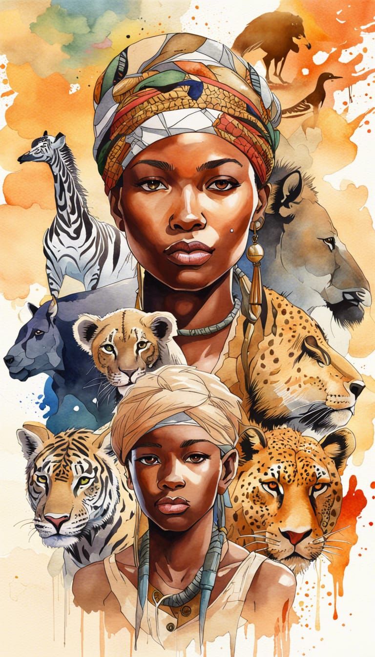 African Wildlife Collage in Watercolor Style