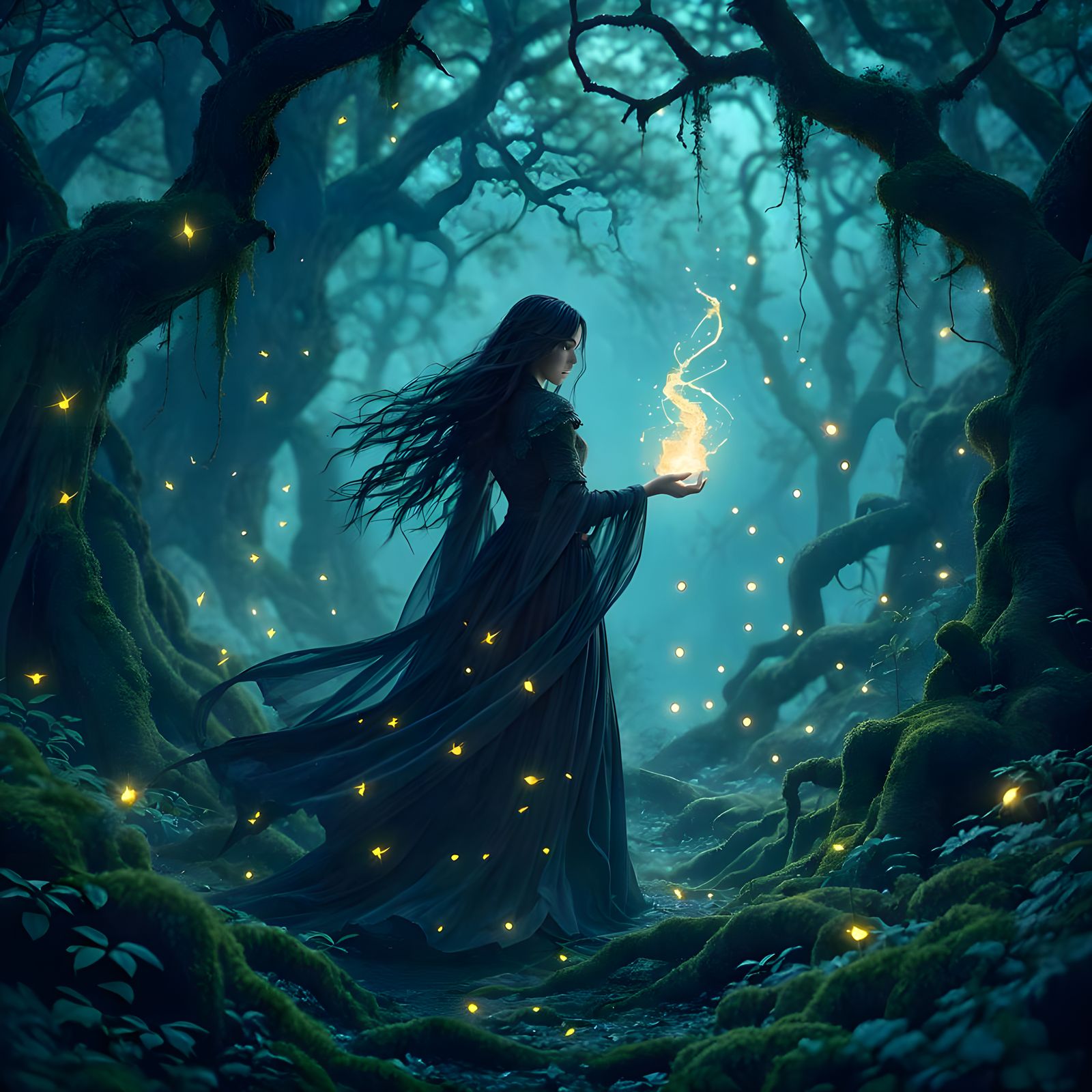 Spectral Witch in Ethereal Forest at Twilight
