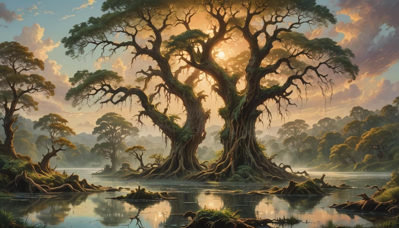 Ethereal Fantasy Landscape Oil Painting with Lush Vegetation