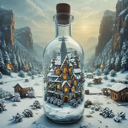 Snowy Fairy Village in a Bottle: Ethereal Fantasy Art