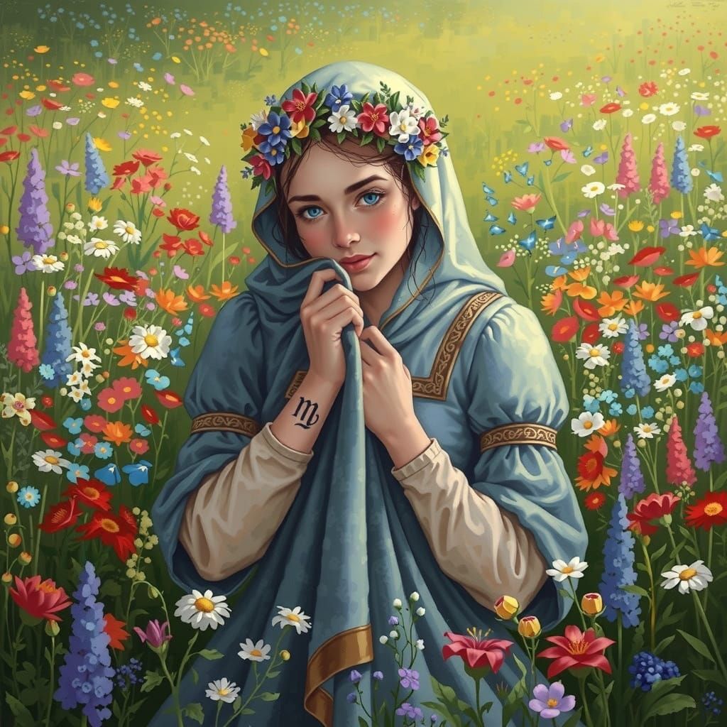 Virgo Maiden in Medieval Gown with Wildflowers