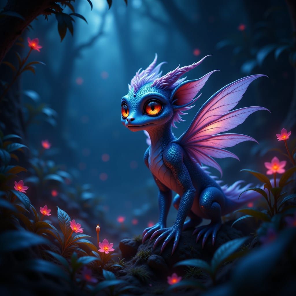 Fantastical Creature in Bioluminescent Forest, Digital Paint...