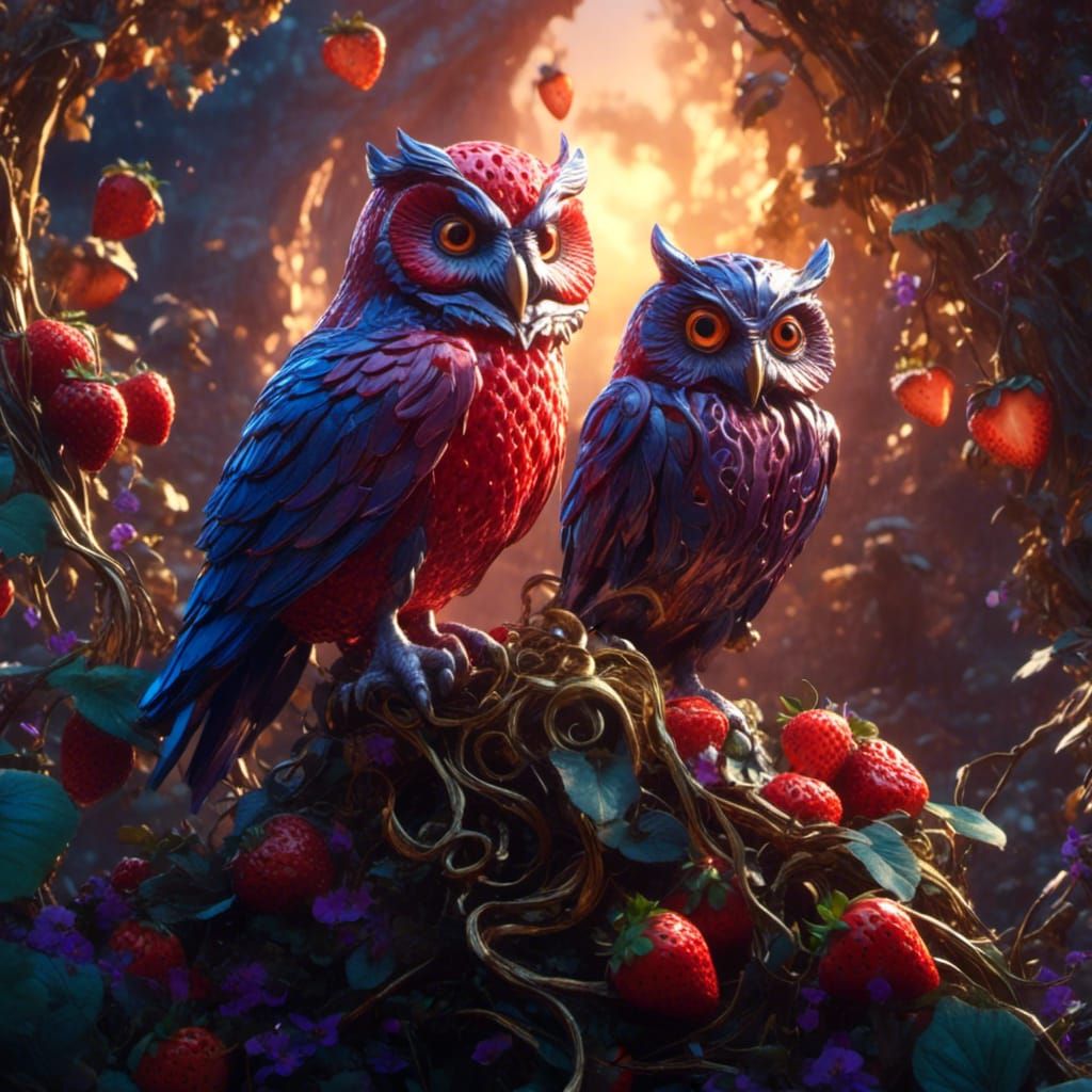 Strawberry Owl on Glowing Mushroom: Fantasy Concept Art