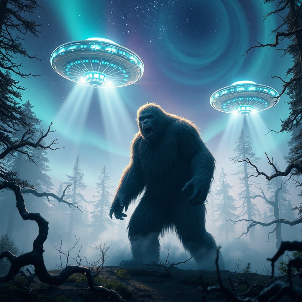 Sasquatch Abduction Under Starry Night in the Forest