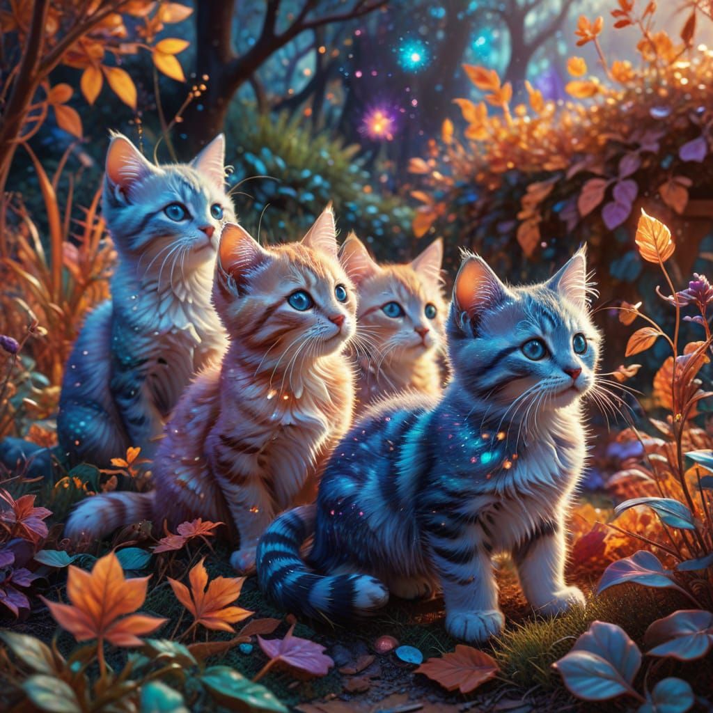 Cosmic Kittens Play in Ethereal Autumn Garden