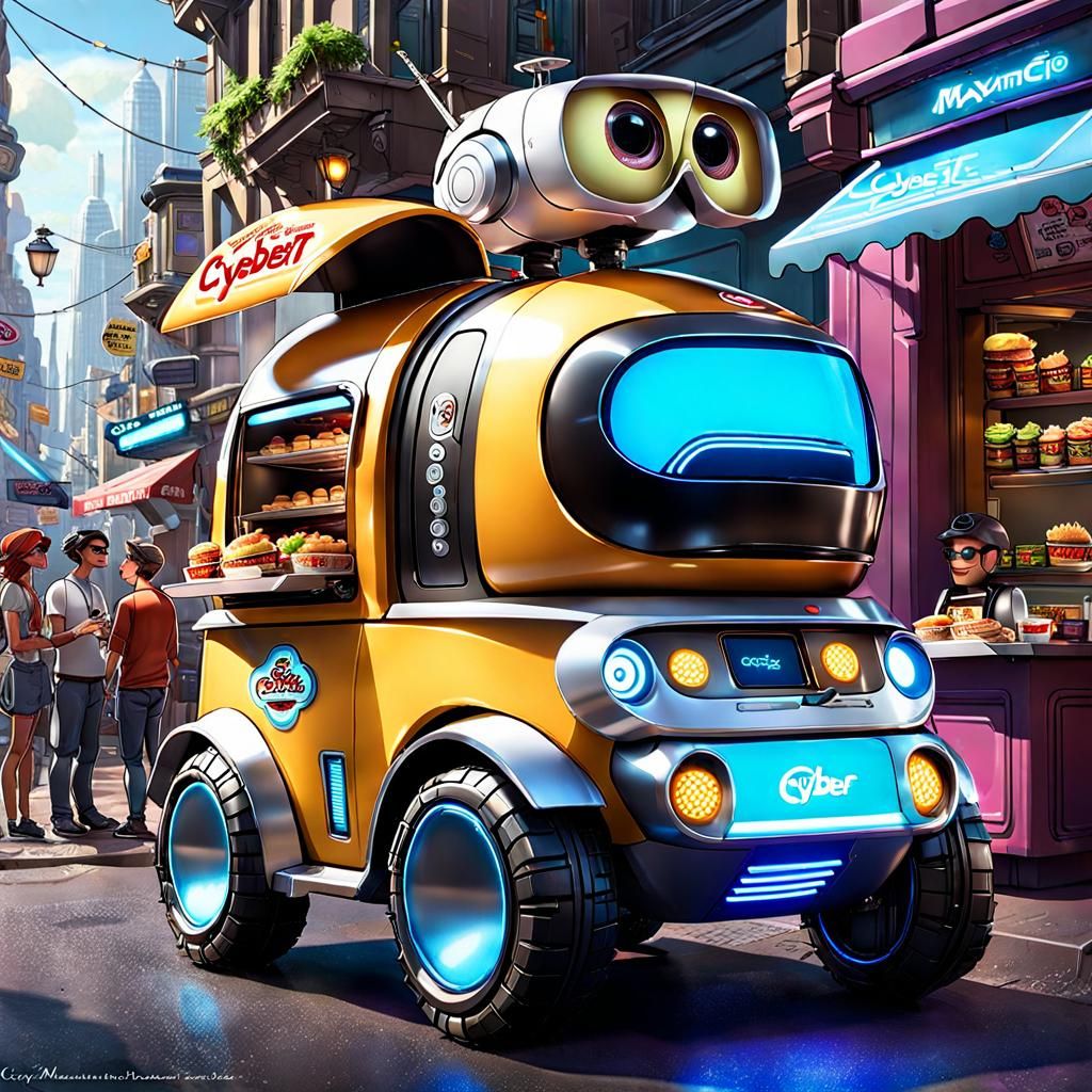 Cybernetic Food Truck Vendor in Cyberpunk Style