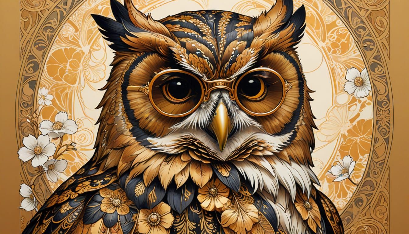 Owl with Sunglasses in Art Nouveau Ink Drawing
