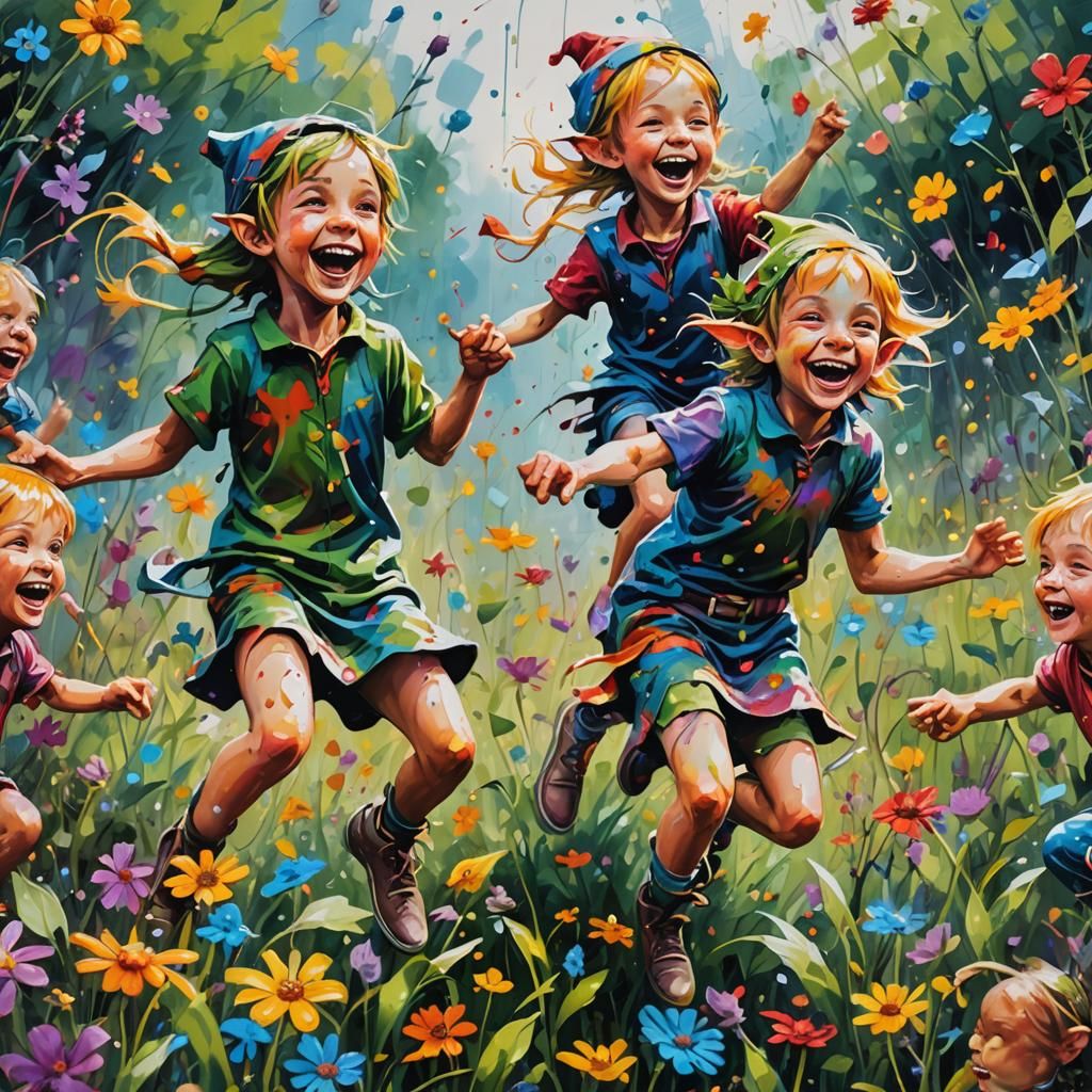 Child Elves Dancing in Vibrant Street Art